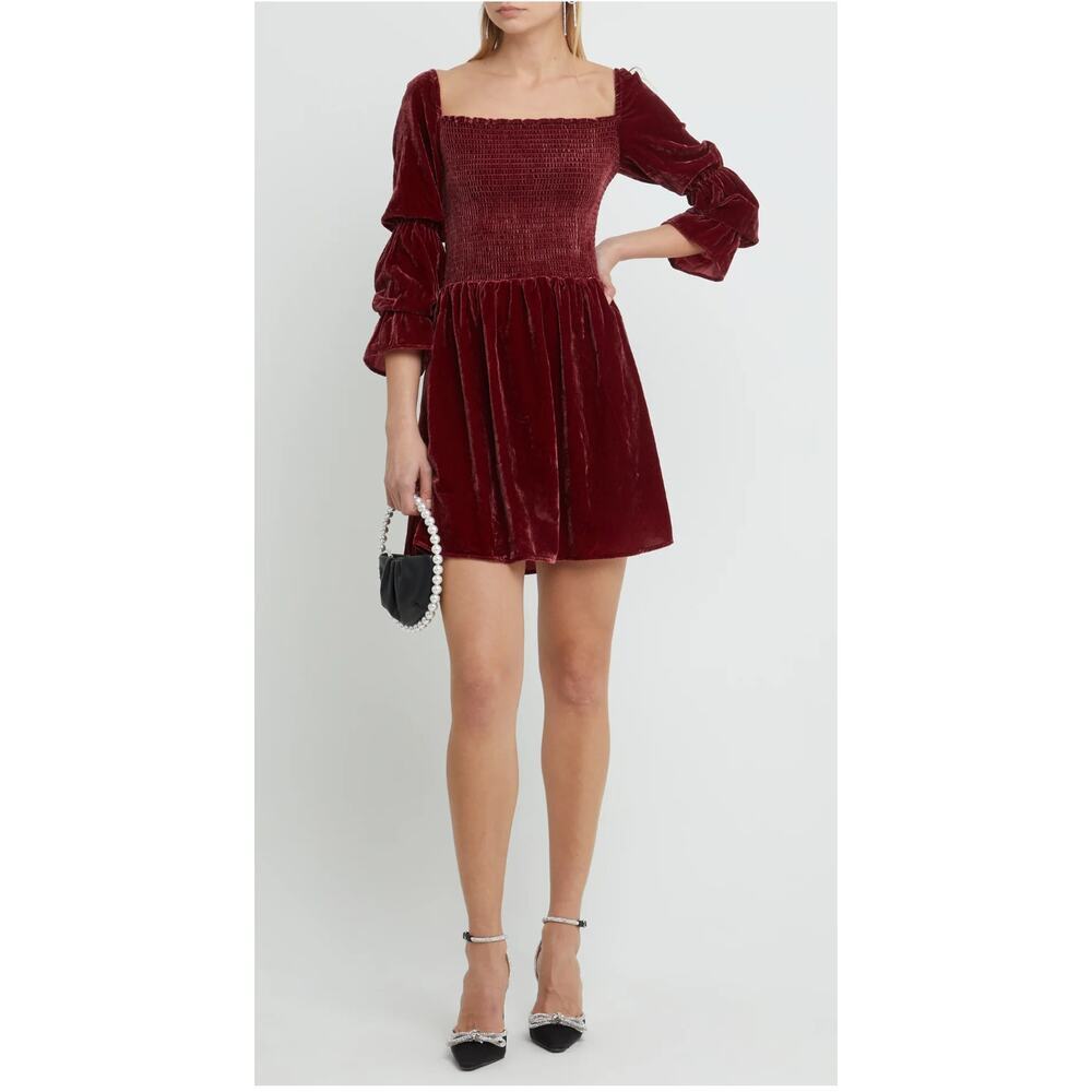 o.p.t. Sz XS Hasher Smocked Velvet Mini Dress Gathered Bell Sleeve Square Neck